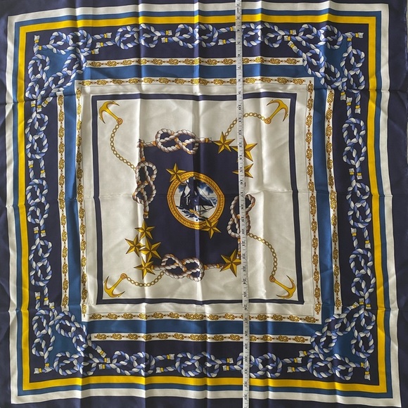 Carolina Herrera 100% silk women’s nautical print blue gold scarf - Picture 2 of 10